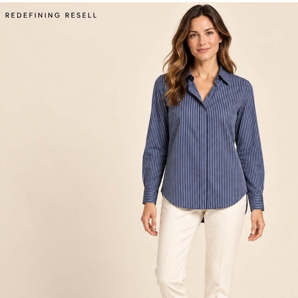 Lafayette 148 New York Navy Blue Striped Cotton Blend Button Down Shirt Small